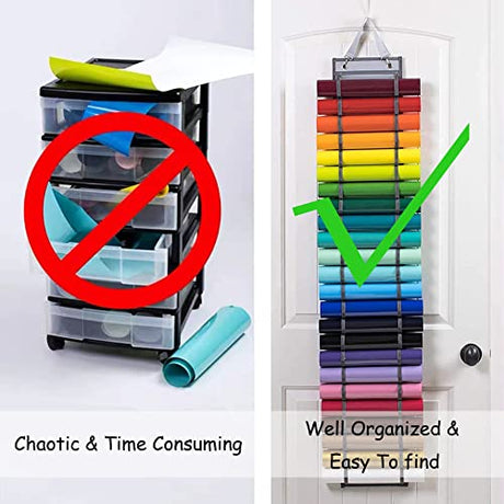 Amersis Vinyl Roll Holder with 24 Compartments and Keeper with Door Hooks and Strap, Clear Vinyl Organizers Holder Wall Mount for Home Craft Closet Amersis