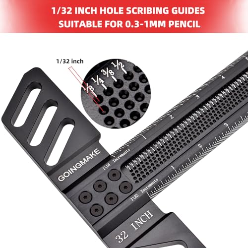 GOINGMAKE Woodworking T-Square 32 Inch Aluminum Alloy T Square Ruler 1/32" Hole Scrbing Guides Positioning Scribe Tool Precision Woodworking Ruler goingmake