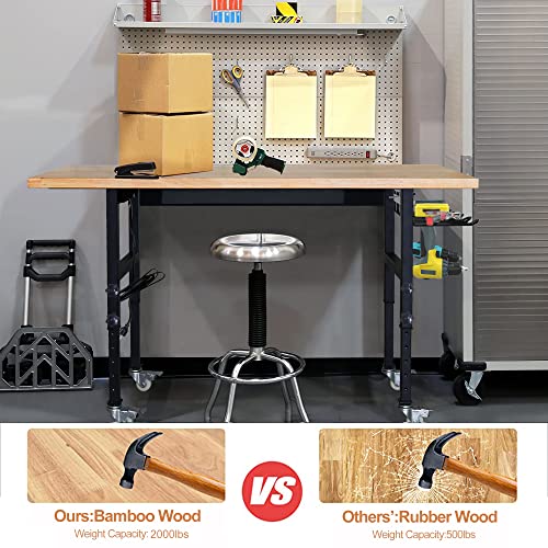 59" Bamboo Wood Garage Workbench w/Power Outlets & Drawer,Adjustable Height 25.4"-35.2",Multifunctional Workstation on Wheels 2000 Lbs Commercial RELIANCER