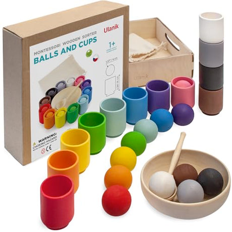 Ulanik Balls in Cups Toddler Montessori Toys for 1 Year Old + Kids Preschool Wooden Matching Games for Learning Color Sorting and Counting Ulanik