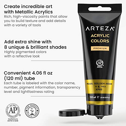 Arteza Metallic Acrylic Paint, Set of 8 Jewel Tones Colors in 4.06oz Tubes, Rich Pigments, Non Fading, Paints for Artists and Hobby Painters - WoodArtSupply