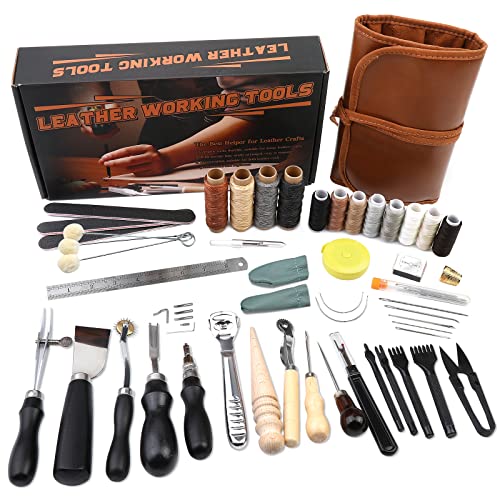 BUTUZE Leather Kit, Leather Tooling Kit, Practical Leather Working Tools with Leather Beveler, Groover, Stitching Punch Sewing Thread and Needles - - WoodArtSupply