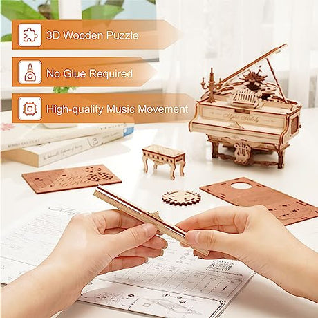 RoWood Mechanical Magic Piano 3D Wooden Puzzle Kit – Unique Gift for Music and Craft Lovers RoWood