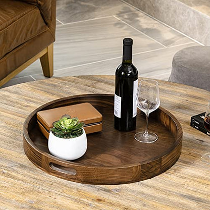 KINGCRAFT 20 x 20 inches Large Round Ottoman Table Tray Wooden Solid Serving Tray with Handle Black Walnut Circle Platter Decorative Tray for - WoodArtSupply