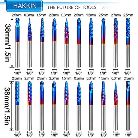 Hakkin 20 Pcs Carbide Rotary Burrs Set, End Mill CNC Router Bit, 1/8" Shank Nano Blue Coating Ball Nose End Mill, Double Cut Coat Rotary Drill for Hakkin