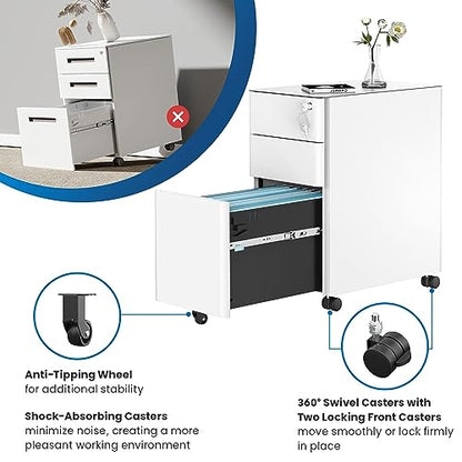 Mount-It! Mobile File Pedestal, File Cabinet with 3 Drawers, Slim Design Under Desk Storage for Files, Folders and Office Supplies, Organizer Cabinet - WoodArtSupply