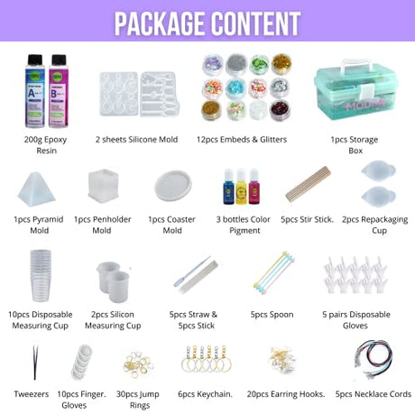 Modda Epoxy Resin Kit with Video Course, Includes Color Pigment, Silicone molds, Necklace Cord, Earring Hooks for Jewelry Making, Epoxy Resin Starter MODDA