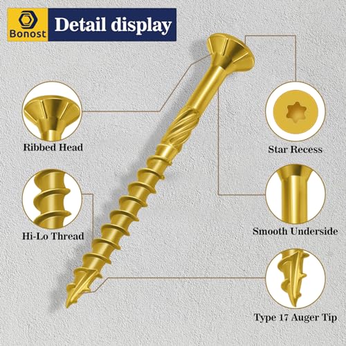 Bonost 450Pcs Wood Screws Assortment Kit - Assorted Wood Screws with Matching Bits - Torx Drive Wood Screw Set for Decking, Furniture, Woodworking Bonost
