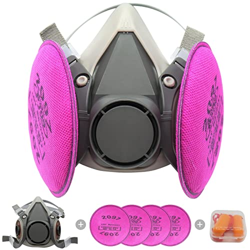 Respirator mask with Filters Set - Reusable Half Facepiece Cover with 4pcs 2097 Filter and Earplugs for Paint, Epoxy Resin, Fumes, Woodworking, Organic Vapor Gas Perfect for House DIY Project