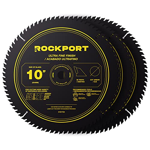 ROCKPORT Table Saw Blades 10 inch 80 Teeth - (3 Pack) 10" Table Saw Blades & 10 inch Miter Saw Blades, 5/8" Arbor, Multipupose Carbide Tip Circular ROCKPORT