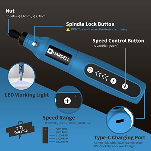 HARDELL Cordless Rotary Tool, 5 Variable Speed Mini Rotary Tool Kit with 61 Accessories, 3.7V Type-C Charging Power Rotary Tool for Engraving, - WoodArtSupply