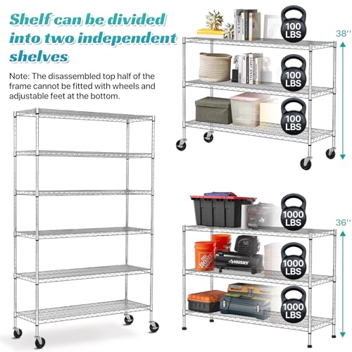 YRLLENSDAN 6000Lbs Capacity Adjustable Storage Shelves Heavy Duty Shelving Unit 6 Tier Metal Shelving with Wheels NSF Wire Shelving (48" W x 18" D x YRLLENSDAN