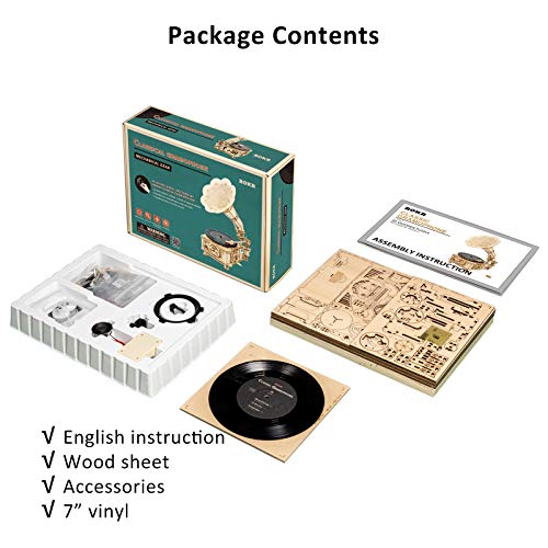 ROKR 3D Wooden Puzzles Gramophone for Adults - DIY Mechanical Model Kit 1:1 Replica Record Player Support 7"/10" Vinyl Premium Gift Hobbies for ROKR