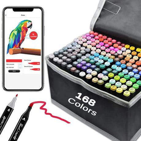 SiwaQio 168+2 Colors Alcohol Markers with Exclusive Coloring App-Dual Tip Art Markers Alcohol-Based Artists Markers Set with Blender for Kids Adult SiwaQio