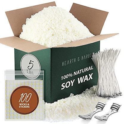 Hearth & Harbor Soy Candle Wax for Candle Making - Natural - 5 lb Bag, Premium Soy Wax Flakes, 100 Cotton Candle Wicks, 100 Wick Stickers, & 2 - WoodArtSupply