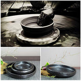 WANDIC Ikebana Flower Vase, Japanese Round Shallow Pottery Ikebana Vase Kit with 4cm Kenzan Flower Frog for Floral Arrangement Home Decoration, Black WANDIC