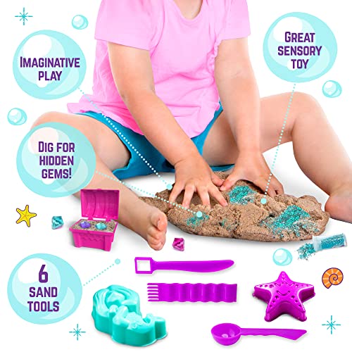 GirlZone Mermaid Treasures Play Sand Kit, 2lbs of Magic Sand for Kids Kit with Gems, Carry Case and More, Kids Toys for Playdates and Great Gift Idea GirlZone