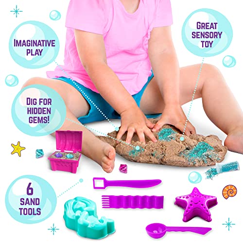 GirlZone Mermaid Treasures Play Sand Kit, 2lbs of Magic Sand for Kids Kit with Gems, Carry Case and More, Kids Toys for Playdates and Great Gift Idea