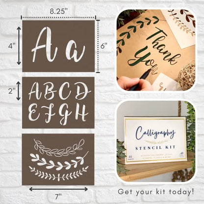 Boutique Calligraphy Stencil Template Kit - 45 Reusable Pieces Includes Lettering Upper and Lowercase both Large Small, Numbers, Punctuation, Laurels Flowers For Arts Crafts Painting Wood