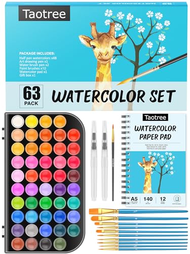 Watercolor Paint Set, 48 Colors Watercolors Painting Kit Washable Water Colors with 10 Paint Brushes, Brush Pen, Palette, Drawing Pad, Arts and Taotree