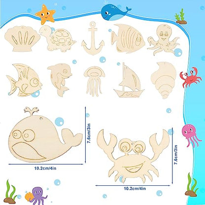 36Pcs Ocean Themed Party Hanging Ornaments Sea Tropical Wooden Slices Fish Animal Hanging Decor Fish Sea Turtle Crab Dolphin Octopus for Sea Party - WoodArtSupply