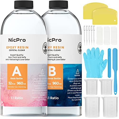 Nicpro 64OZ Crystal Clear Epoxy Resin Kit, High Gloss & Bubbles Free Resin Supplies for Coating and Casting, Craft DIY, Wood, Table Top, Bar Top,