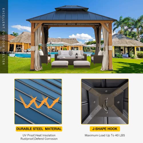 MELLCOM 11' x 13' Hardtop Cedar Wood Gazebo for Patios, Outdoor Cedar Framed Gazebo with Double Metal Roof, Solid Wooden Framed Gazebo with Privacy - WoodArtSupply