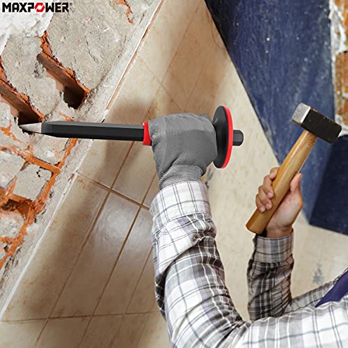 MAXPOWER 3PCS Masonry Chisel Set, 11 inch Point Chisel and Flat Chisel, 8 inch Brick Chisel, Tile Chisel Concrete Chisel with Thickness Hand Guard MAXPOWER