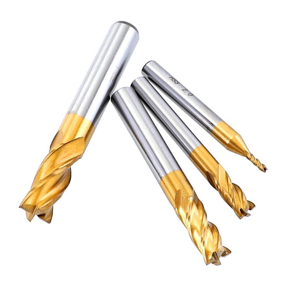 TOPPROS Pack of 10 4-Flute Titanium Coat End Mill Bits, 5/64" - 3/8" HSS CNC Straight Shank Drill Bits Cutter Tool Set for Wood Aluminum Steel TOPPROS