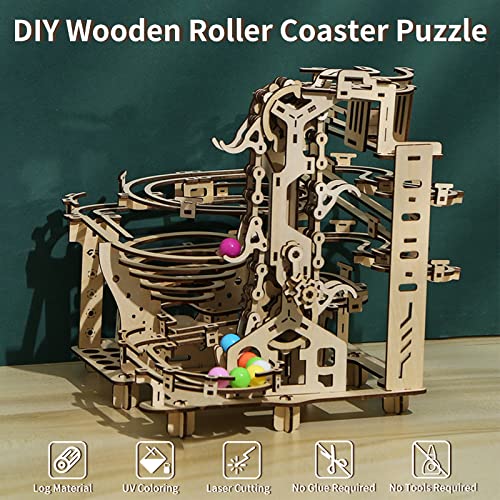 Hallisun 3D Wooden Puzzle for Adults, Marble Run Set, Wooden Mechanical Model Kit, DIY Roller Coaster Handicraft Wood Craft Kit, Birthday Gift for Hallisun