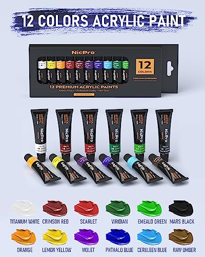 Nicpro 34PCS Kids Acrylic Paint Set with Pattern Canvas, Art Painting Supplies Kit with 12 Paints, 10 Brushes, 6 Canvas Panels, Table Easel, Paper Nicpro
