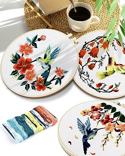 TINDTOP 3 Sets Embroidery Kit for Adult for Beginners, Hummingbird and Flower Embroidery Kit for Beginners Include Embroidery Cloth Hoops Threads for TINDTOP