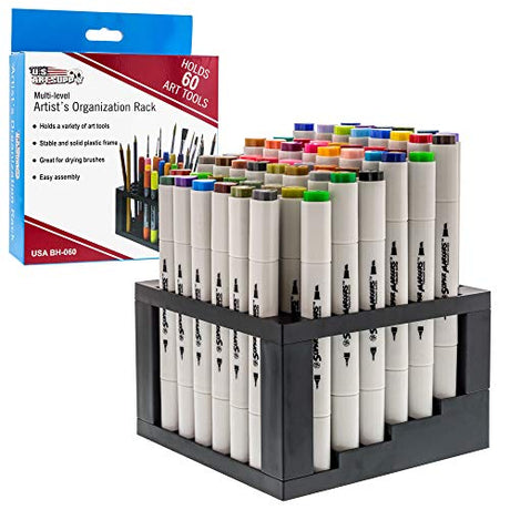 U.S. Art Supply 60 Hole Multi-Level Plastic Organization Rack Pencil, Brush & Supply Holder - Desk Stand Holding Rack for Pens, Paint Brushes, US Art Supply