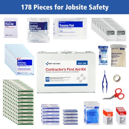 First Aid Only 9302-25M 25-Person Contractor's Emergency First Aid Kit for Home Renovation, Job Sites, and Construction Vehicles, 178 Pieces - WoodArtSupply