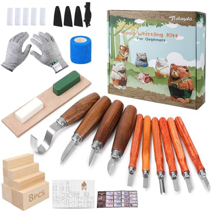 Wood Carving Kit 4pcs Whittling Knife and 5pcs K2 Carbon Steel Wood Carving Knife,Wood Carving Tools Set with 8pcs Basswood Wood Blocks for Adults
