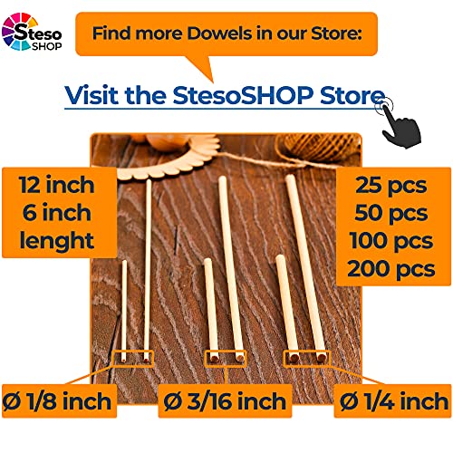 Wooden Dowel Rods for Craft - 60 pcs Round Wood Dowels 12 inch in Varying Sizes - 1/8, 3/16, 1/4 - Different Rods - Craft Sticks Round Dowels… StesoSHOP