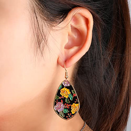 Bohemian Drop Flower Earrings for Women Colorful Floral Pattern Epoxy Resin Tie Dye Lightweight Elegant Vintage Teardrop Dangle Earrings Boho IDEAJOY