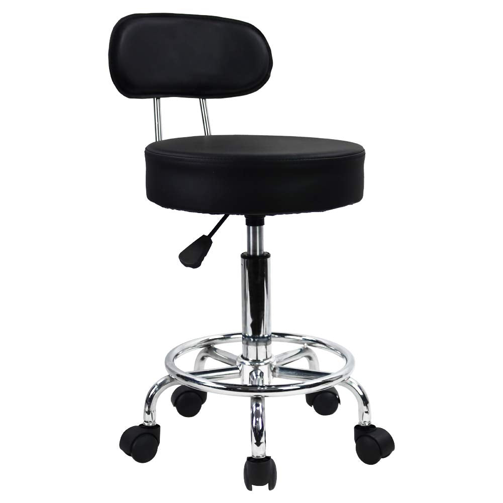 KKTONER PU Leather Rolling Stool Mid-Back with Footrest Height Adjustable Office Computer Home Drafting Swivel Task Chair with Wheels (Black) KKTONER