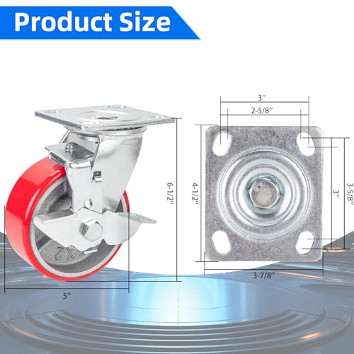 Nefish 5 Inch Industrial Casters Set of 4, Heavy Duty Casters with Brake 4000 Lbs, No Noise Polyurethane Wheel on Steel Hub, Swivel Plate Caster Nefish