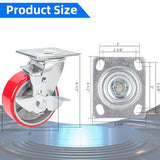 Nefish 5 Inch Industrial Casters Set of 4, Heavy Duty Casters with Brake 4000 Lbs, No Noise Polyurethane Wheel on Steel Hub, Swivel Plate Caster Nefish
