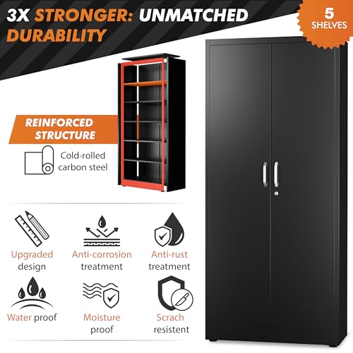 METALTIGER Locking Metal Storage Cabinet | Garage Storage Cabinet with Doors and 5 Adjustable Shelves | 71" Lockable Tool Cabinet | Heavy-Duty Metal - WoodArtSupply