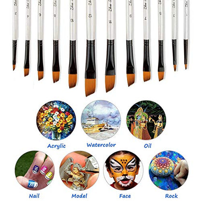 Artist Paint Brushes Set, 12pcs Professional Angular Paintbrushes for Acrylic Watercolor Oil Painting, Face Body Nail Art, Crafts, Canvas, Rock, - WoodArtSupply