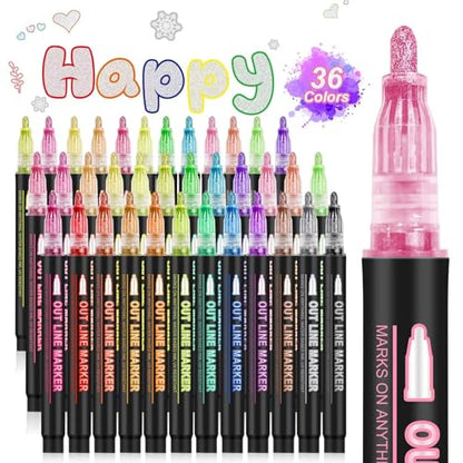 Double Line Outline Markers, 36 Colors Shimmer Markers, Self-Outline Metallic Markers, Super Squiggles Shimmer Outline Marker Set for Kid