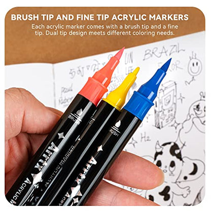 Arrtx Acrylic Paint Pens, 32 Colors Brush Tip and Fine Tip (Dual Tip) Paint Markers for Rock Painting, Water Based Acrylic Painting Supplies for