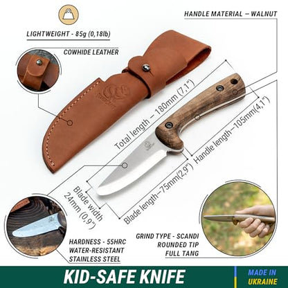 BeaverCraft Kids Knife Boy Scout Knife - Whittling Knife for Kids Safe Kid Knife Children's Bushcraft Knife with Sheath Knives for Boys 8-12 First
