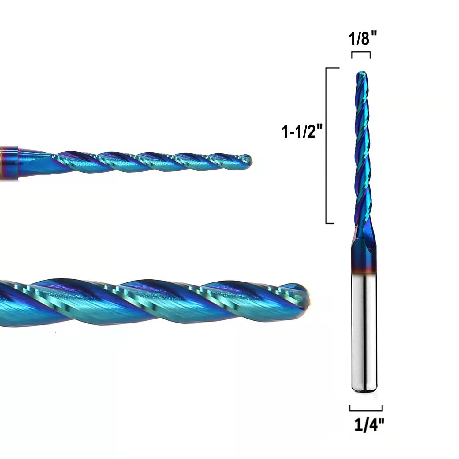 HZBIAO 1 Degree Tapered Ball Nose CNC Router Bits End Mills Solid Carbide Spiral Up Cut 2D&3D Carving bits 1/4 Inch Shank with 1/8 Diameter Overall HZBIAO