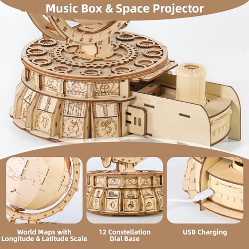 MIEBELY 3D Wooden Illuminated Globe Music Box with Space Projector - DIY LED Puzzle Kit for Adults - WoodArtSupply