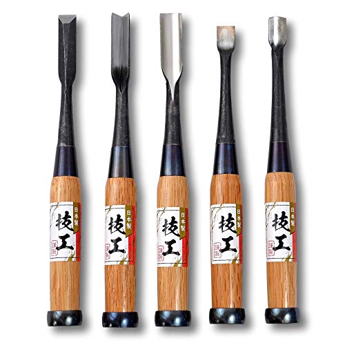 KAKURI Japanese Wood Carving Chisel and Gouge Set 5 Pcs for Woodworking, Made in JAPAN, Professional Heavy Duty Woodcarving Tools, Razor Sharp KAKURI