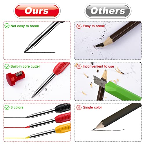 Enhon Mechanical Carpenter Pencils Set with Marker Refills and Carbide Scriber Tool, Solid Deep Hole Woodworking Pencils Marker Marking Tools with Enhon