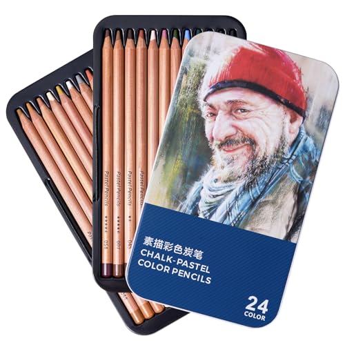 LIGHTWISH Professional Colored Charcoal Pencils,24 Colors Pastel Chalk Pencils Set in Gift Metal Box,for Beginners Adults Artists Shading Drawing LIGHTWISH